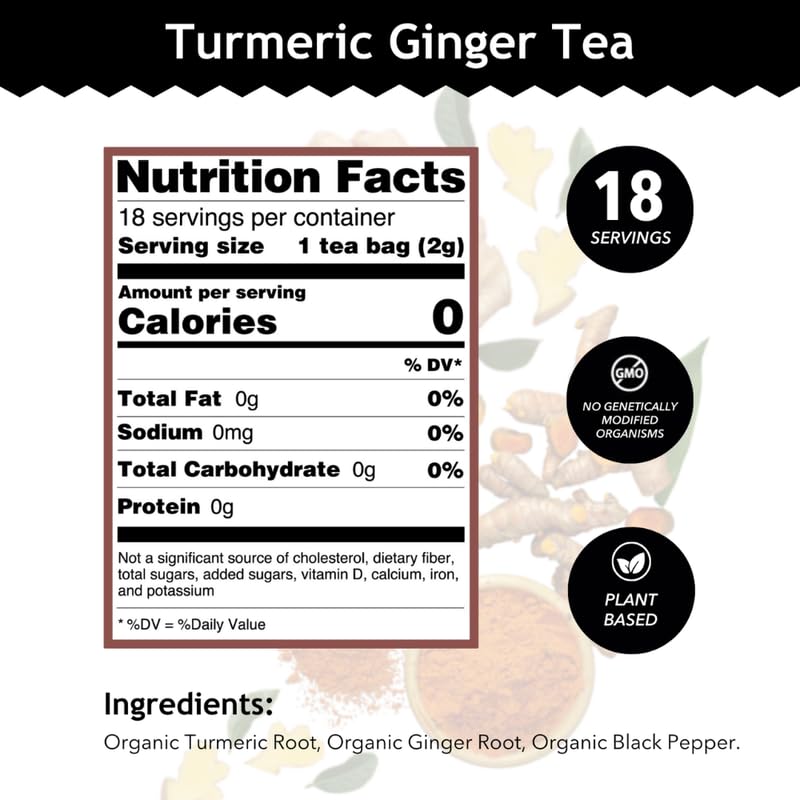 Buddha Teas Organic Turmeric Ginger Tea - Ou Kosher, Usda Organic, Ccof Organic, 18 Bleach-Free Tea Bags
