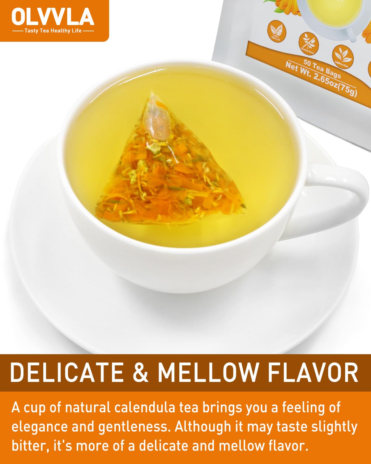 Olvvla Natural Calendula Flowers Tea Bags - Caffeine-free Herbal Tea - 50 Count - Non-GMO - Rich in Antioxidants