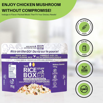 The Rice Stuff Box - Chicken Mushroom Instant Rice Meals, 6-Pack, Organic Jasmine Rice, Non-Gmo, Gluten-Free, Vegan, Dairy-Free