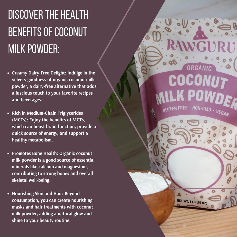 Rawguru Coconut Milk Powder - 16 Oz (Pack Of 2) - Usda Organic | Gluten Free | Non-Gmo | Vegan | Plant-Based Creamer