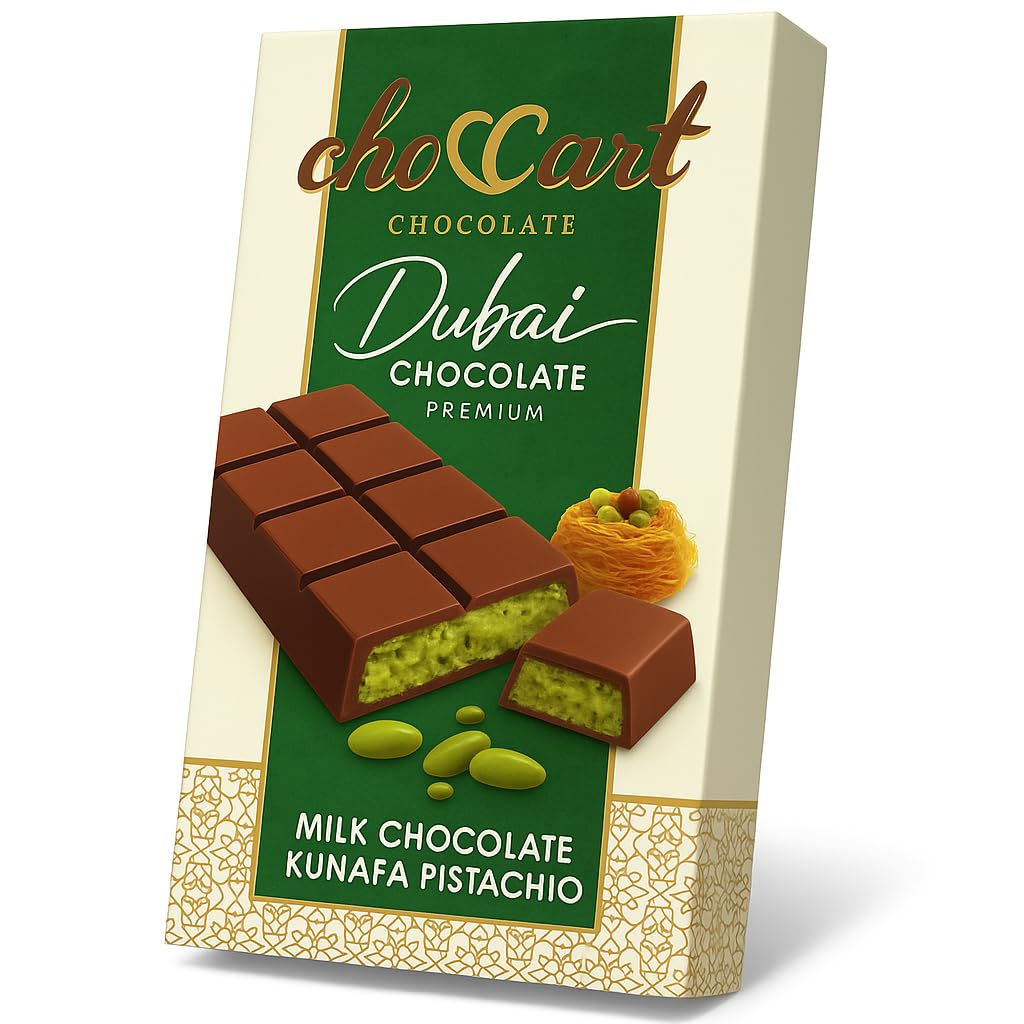 Choccart Dubai Chocolate - Top-Grade With Kunafa & Pistachio Filling - Viral Knafeh Chocolate Dessert Bar In Stylish Gift Box Rich Milk (95G / 3.35 Oz) - Made In Dubai (1 Pack Pistachio)