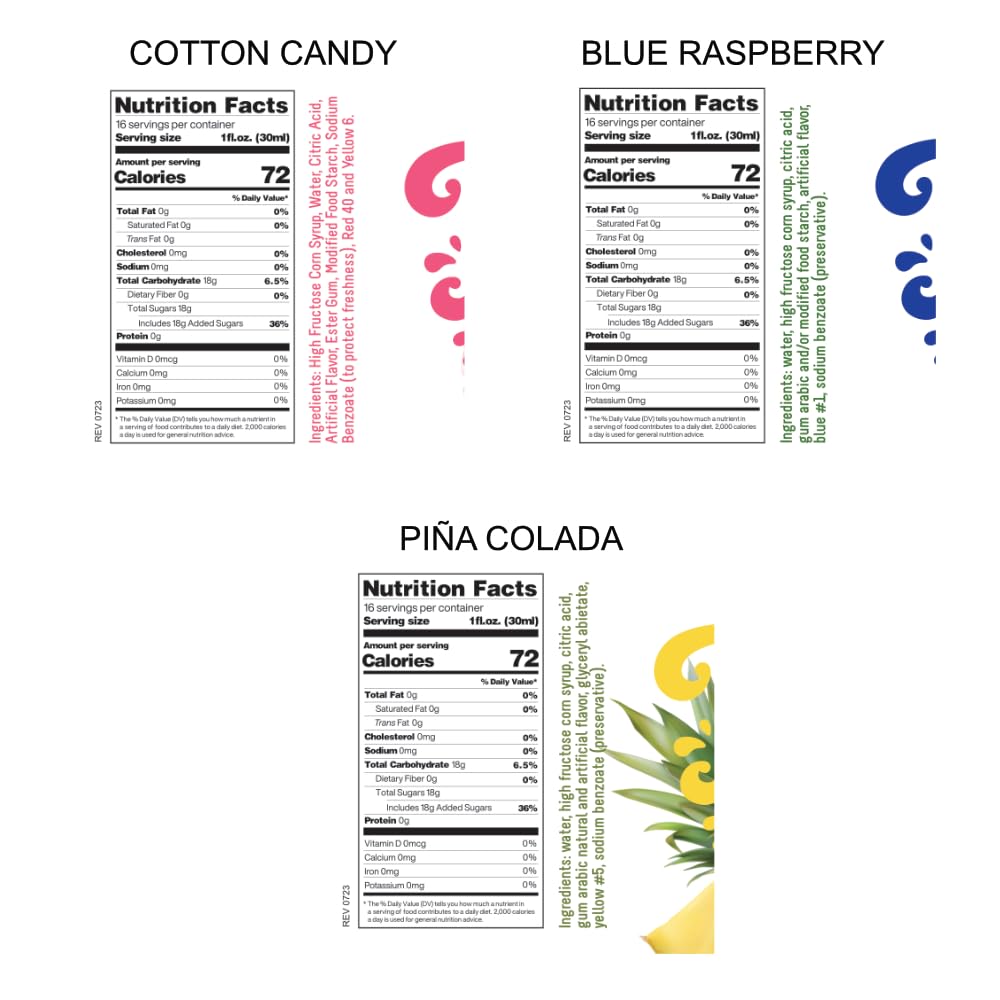 3-Pack Cotton Candy, Blue Raspberry, Pia Colada Syrup For Snow Cones, Homemade Sodas, Cocktails, Coffee, Baking And More - Time
