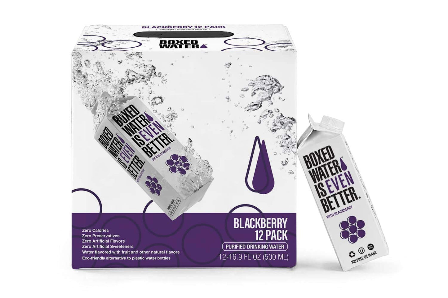 Boxed Water 16.9 Oz. (12 Pack) Blackberry Flavored Water - Purified Drinking Water In 92% Plant-Based Boxes – Zero Calories & Sugar Free, More Sustainable Than Plastic Bottled Water