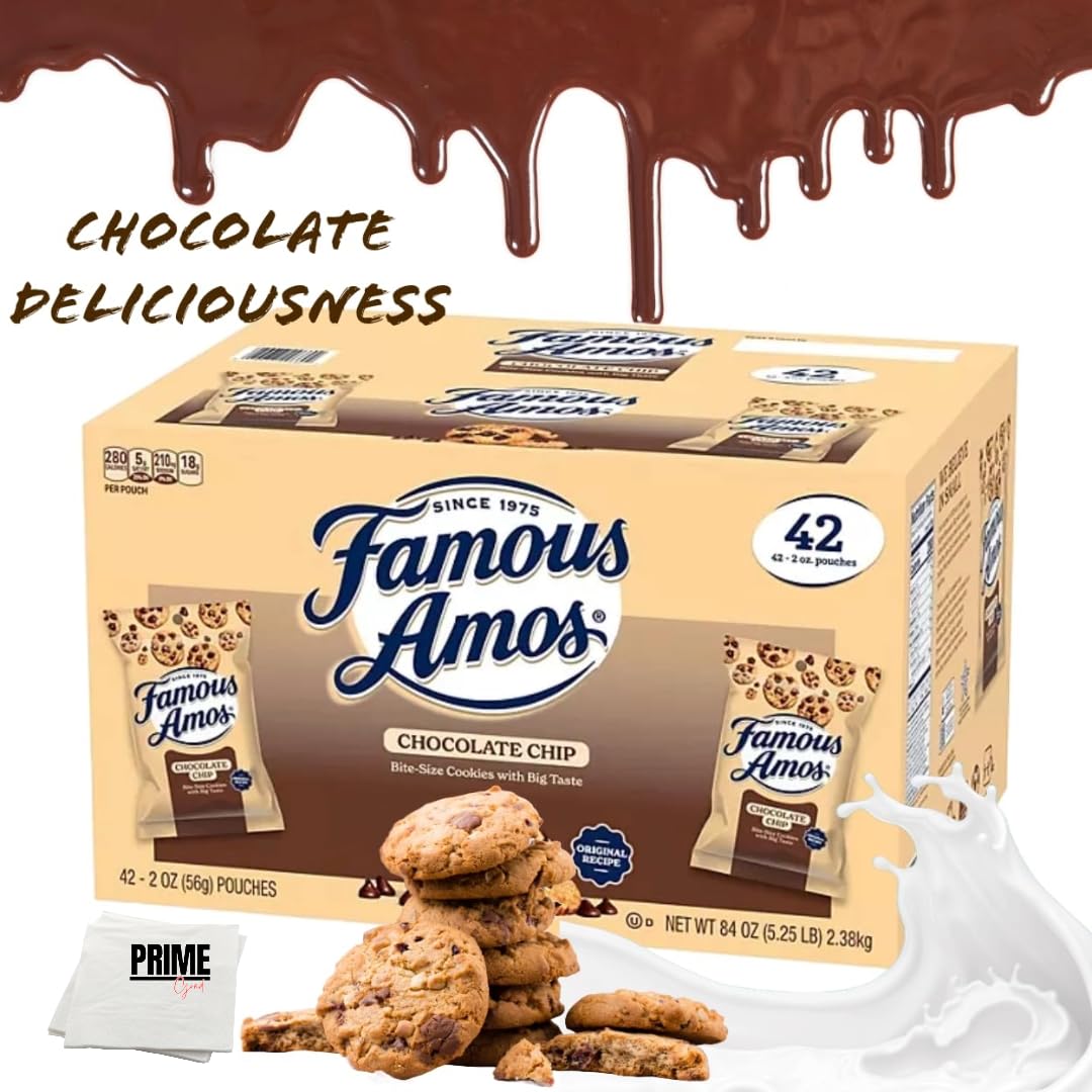 Prime Grade Famous Amos Chocolate Chip Cookies, 42Ct Of 2Oz Bags, Bundle Vaule Box