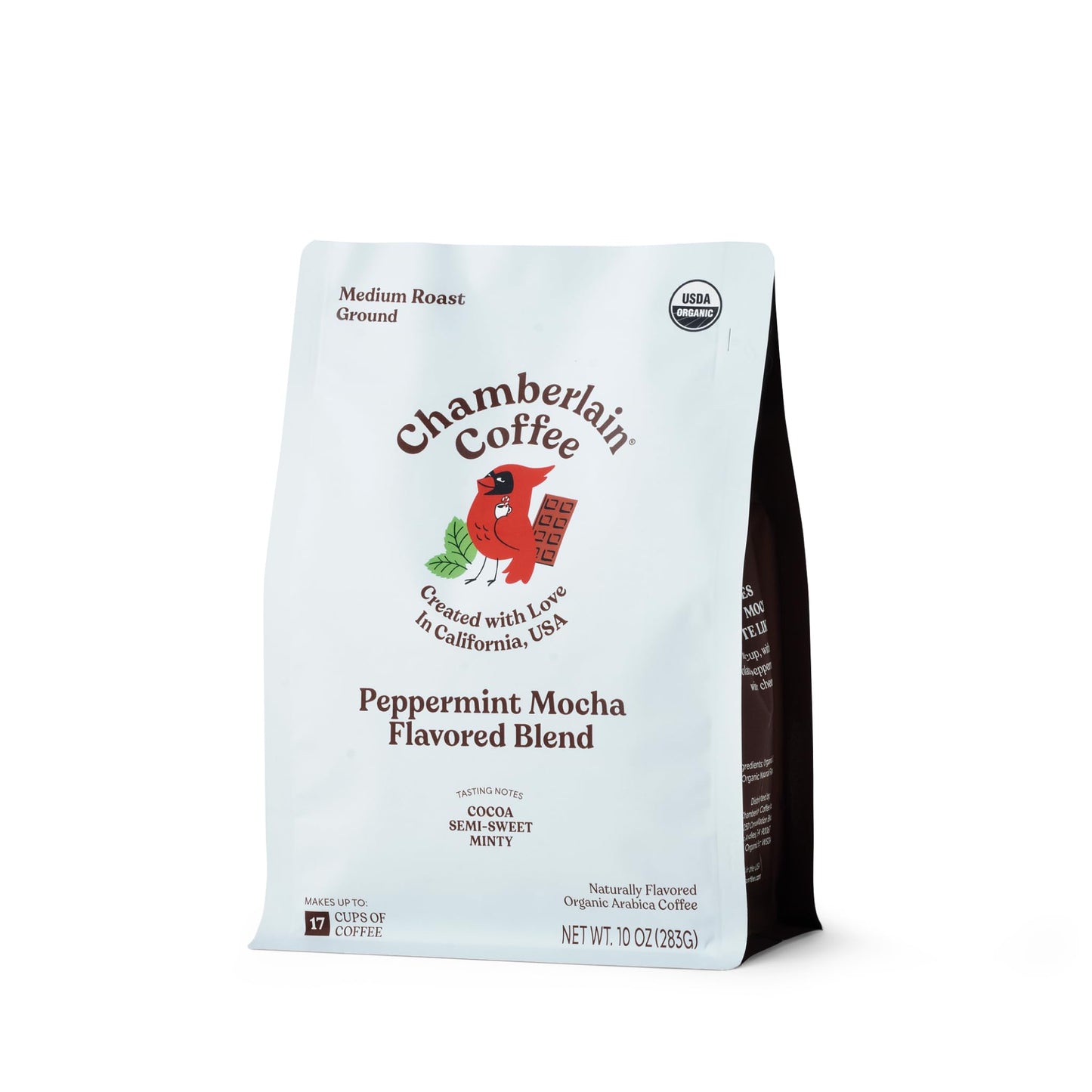 Chamberlain Coffee Clever Cardinal Peppermint Mocha Blend - Medium Roast Ground Coffee Well-Balanced With Rich Dark Chocolate And Peppermint Notes Freshly Roasted In California - 12 Oz