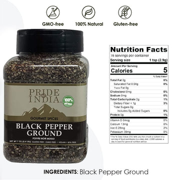 Pride Of India Black Pepper Ground - Pack of 6 - 7oz Medium Dual Sifter Jar - Fresh & Preservatives Free