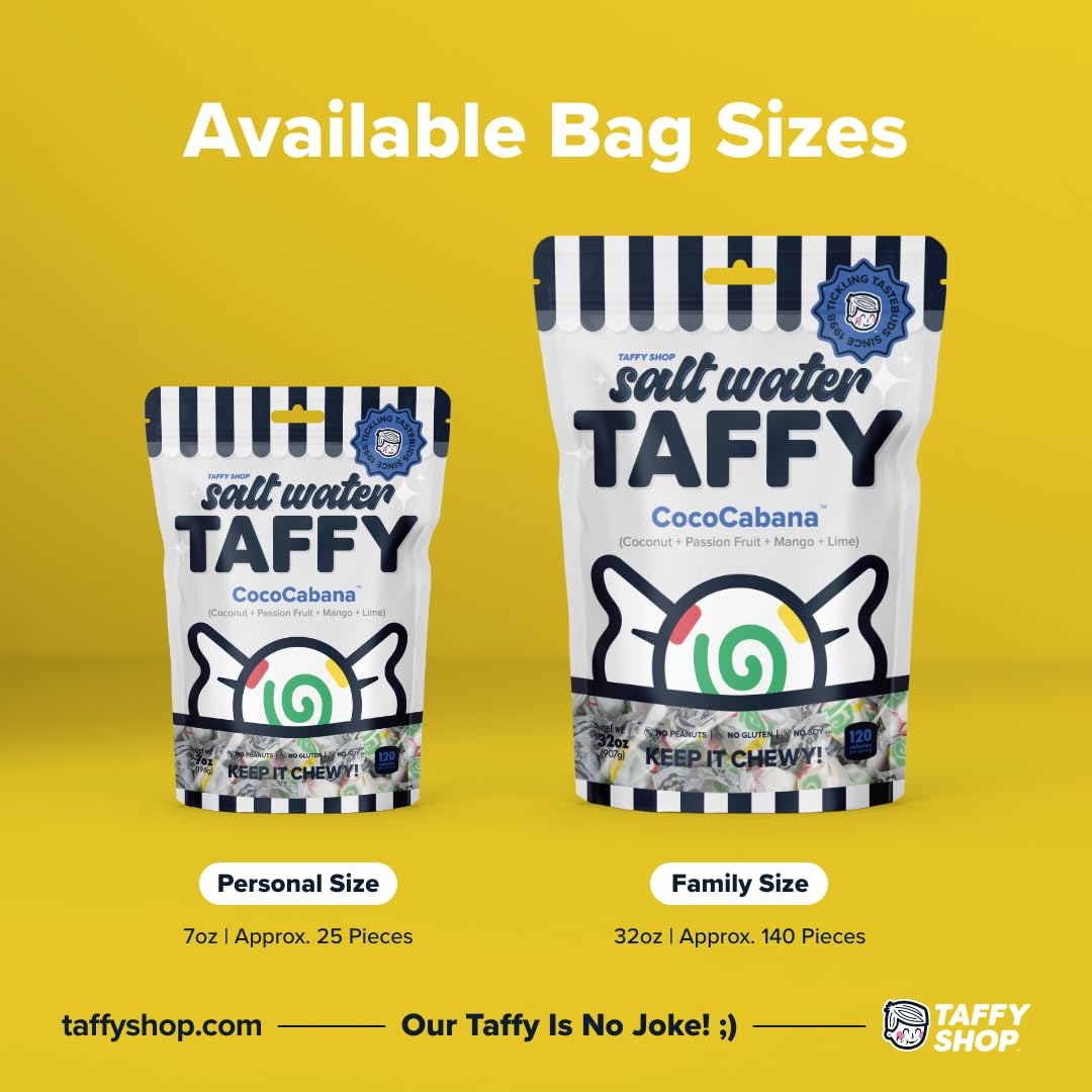 Taffy Shop CocoCobana, Coconut, Passion Fruit, Mango, Lime Salt Water Taffy - Gourmet Soft Chewy Candy, Bulk Sweet Snack, Fresh