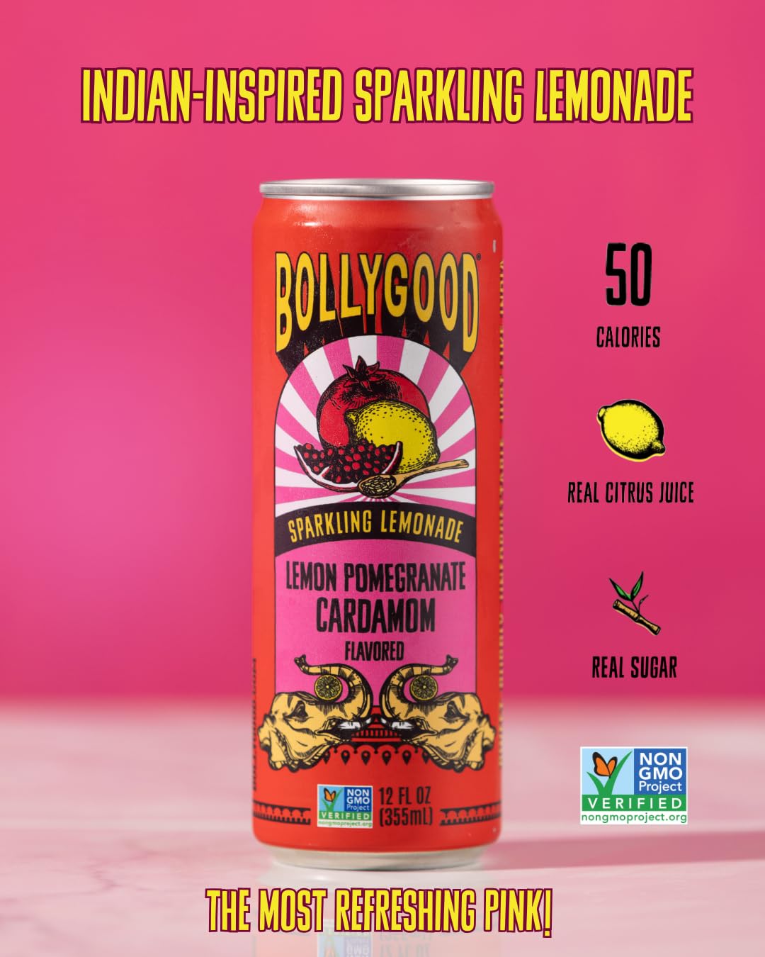 Bollygood Sparkling Lemonade, Lemon Pomegranate Cardamom, Indian Inspired Beverage Nimbu Pani, No Artifical Colors Or Flavors, N