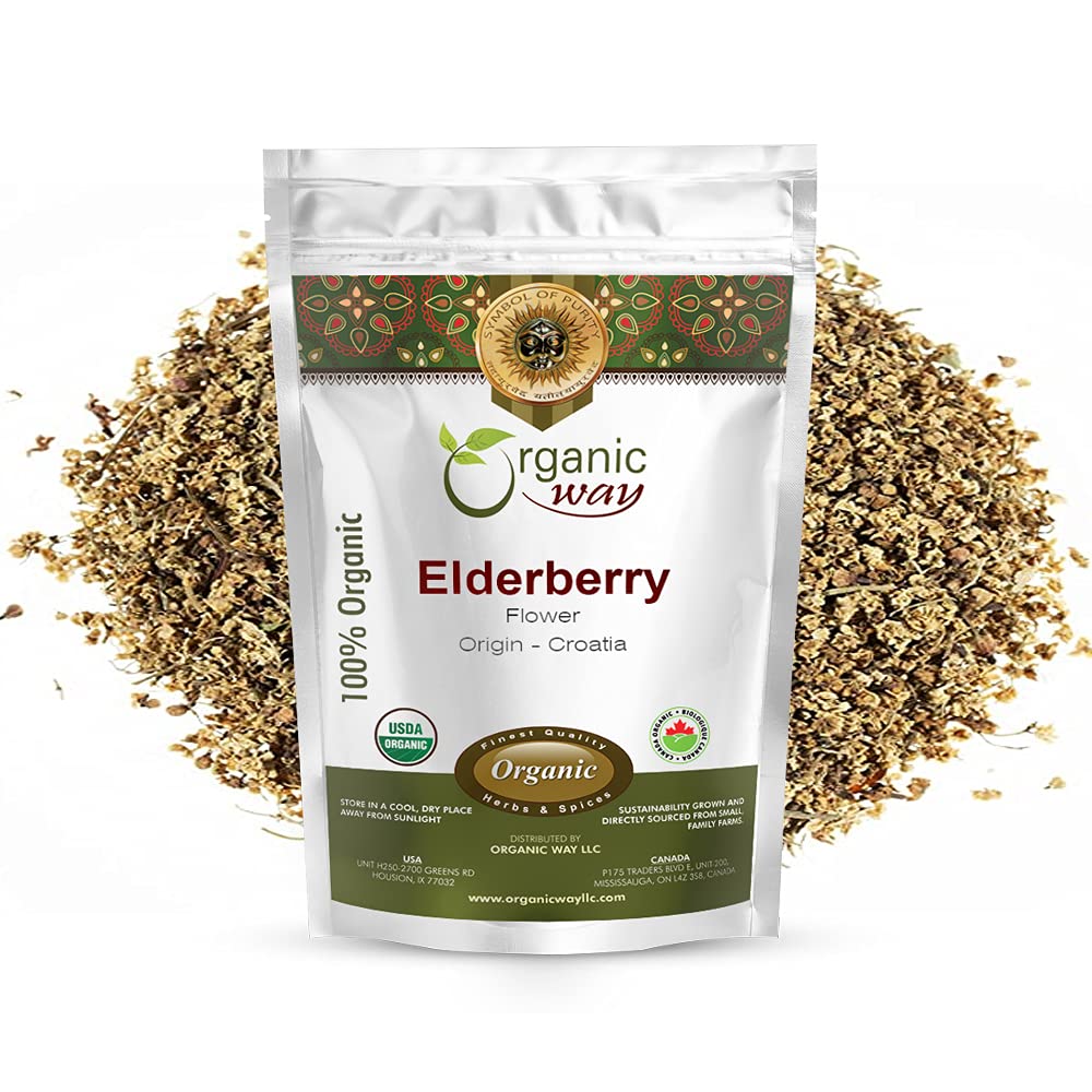 Organic Way Dried Elderberry Flower/Elderflower (Sambucus nigra) - European Wild-Harvest | Organic & Kosher Certified | Vegan, N