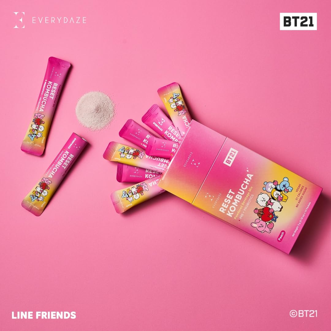 E EVERYDAZE BT21 Kombucha Tea Powdered Beverage Mix, Vegan, No Added Sugar, 10 Sticks, 0.18 Ounce, Sparkling Peach Flavor