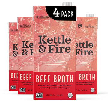 Kettle and Fire Beef Cooking Broth, Keto, Paleo, and Whole 30 Approved, Gluten Free, High in Protein and Collagen, 4 Pack (32 Ou