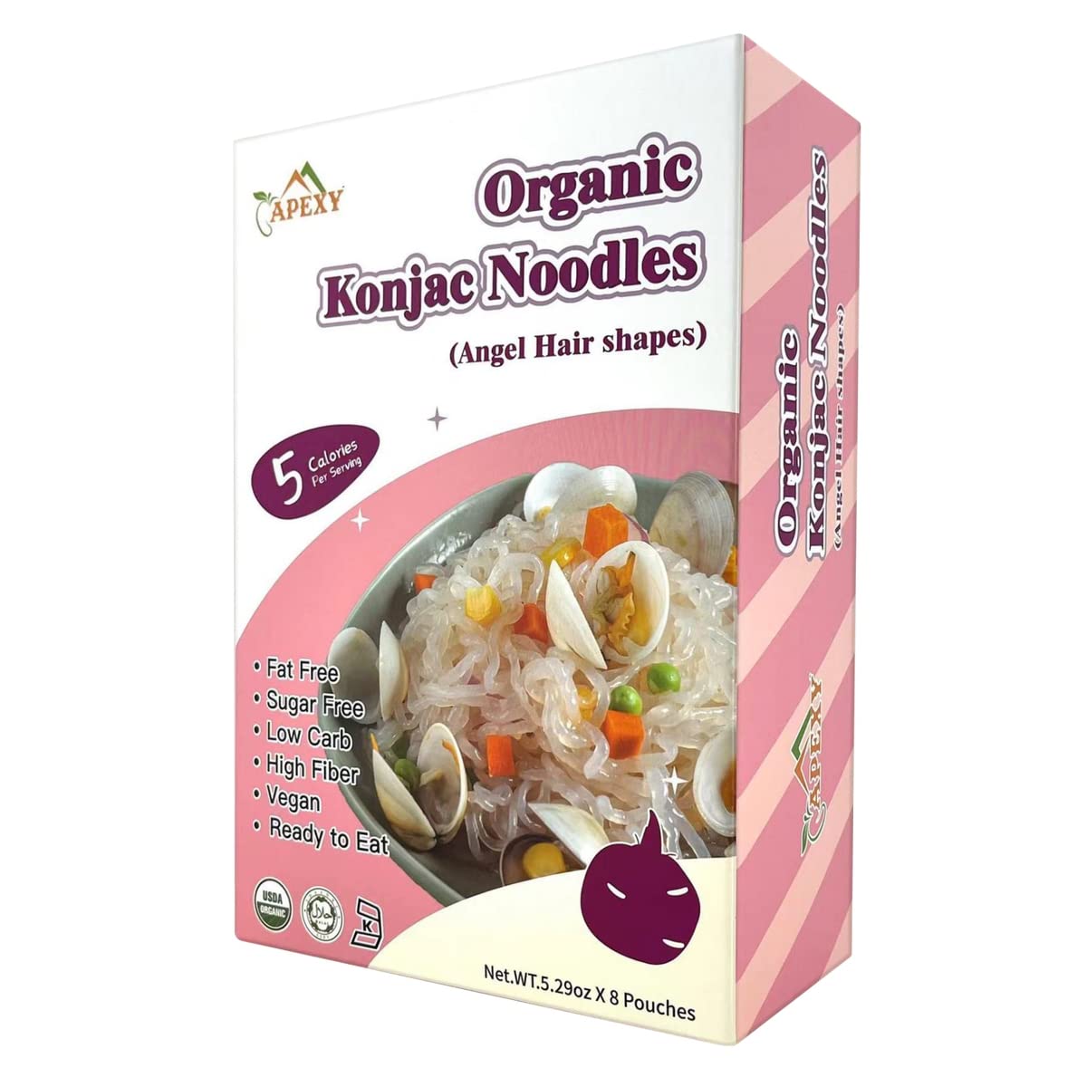 Apexy Organic Shirataki Konjac Noodle 8 Pouches Total 42.24oz. Low Calorie, Low-Carb Gluten Free, Vegan, Keto and Paleo-Friendly