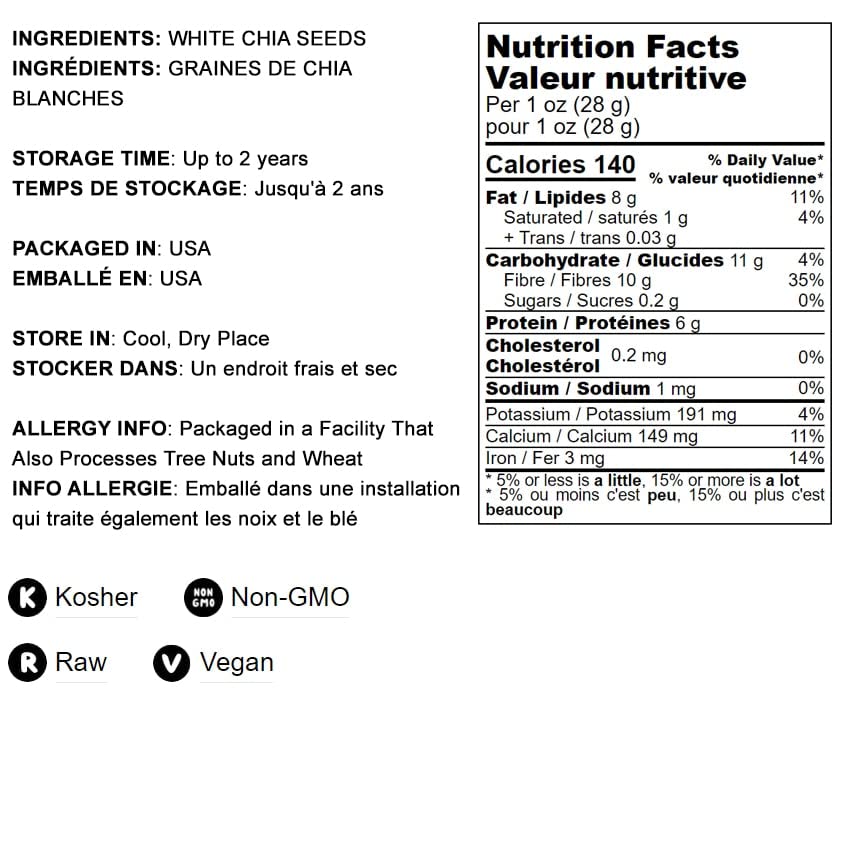 Food To Live White Chia Seeds, 20 Pounds - Whole, Raw, Kosher, Keto, Sirtfood, Vegan, Bulk. Rich In Omega 3, Omega 6, Fiber, Pro