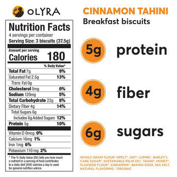 Olyra Breakfast Biscuits Cinnamon Tahini, Kids Healthy Snacks, Low Sugar, High Fiber, Plant-Based Protein Cookies, Organic Break