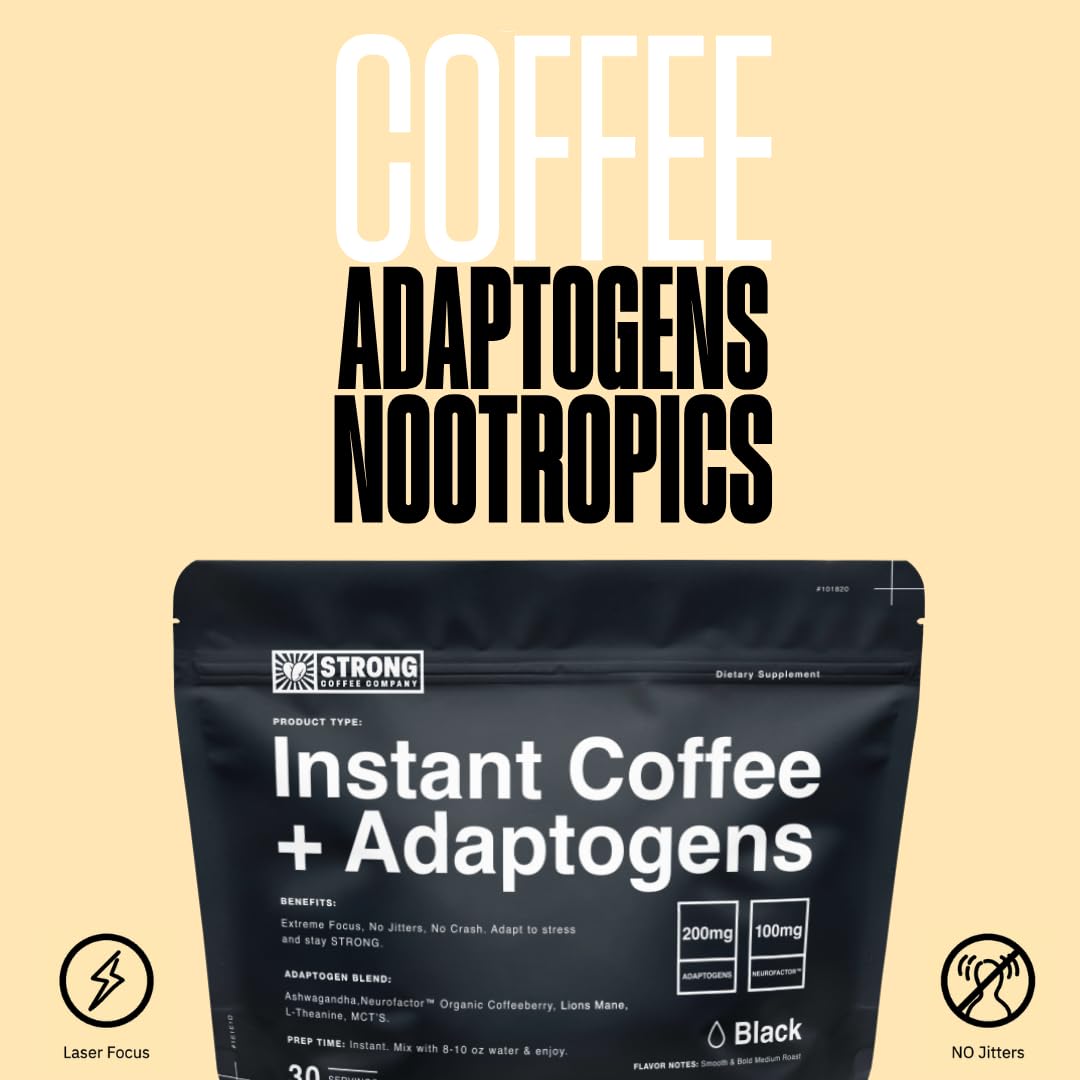 Strong Coffee Company, Instant Black Coffee - 30 Servings, Extreme Focus, Adaptogen Coffee, No Jitters, No Crash
