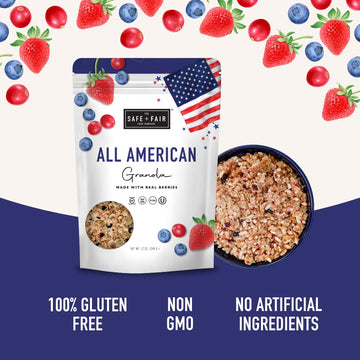 Safe + Fair All American Granola - Gluten-Free & Vegan Snack - Whole Grain Oats With Real Strawberries, Blueberries, And Cranber
