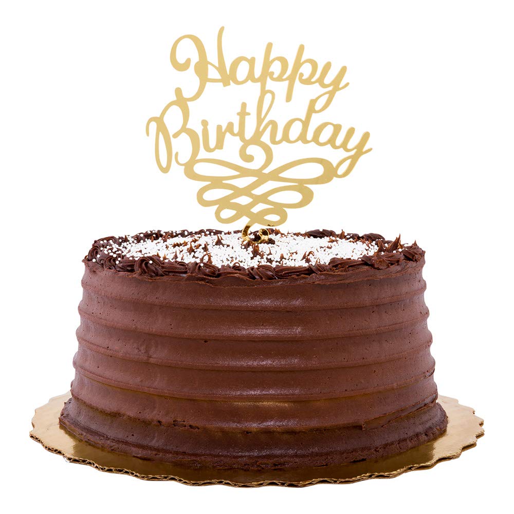 Restaurantware Top Cake Happy Birthday Cake Topper 1 Mirrored Birthday Cake Decoration - With Swirls Durable Gold Acrylic Birthd