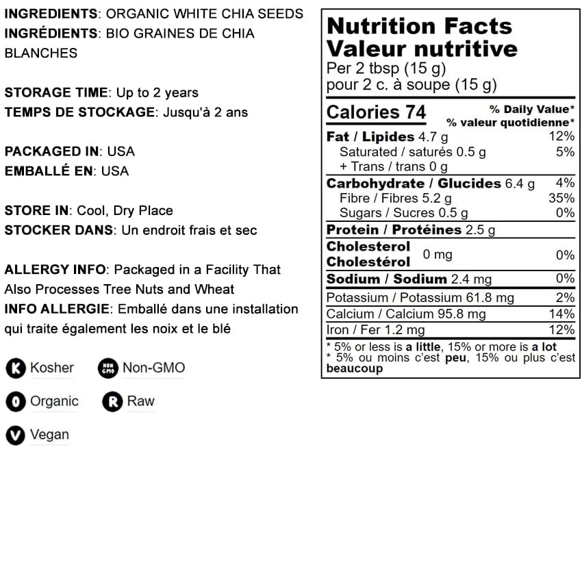 Food To Live - Organic White Chia Seeds, 2 Pounds - Whole, Raw, Kosher, Keto, Sirtfood, Vegan, Bulk. Rich In Omega 3, Omega 6, D