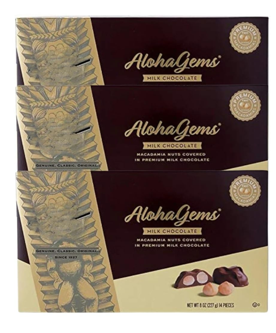Aloha Gems Creamy Milk Chocolate Covered Top-Grade Whole Macadamia Nuts - 3 Boxes Each 8 Oz 42 Pieces Total