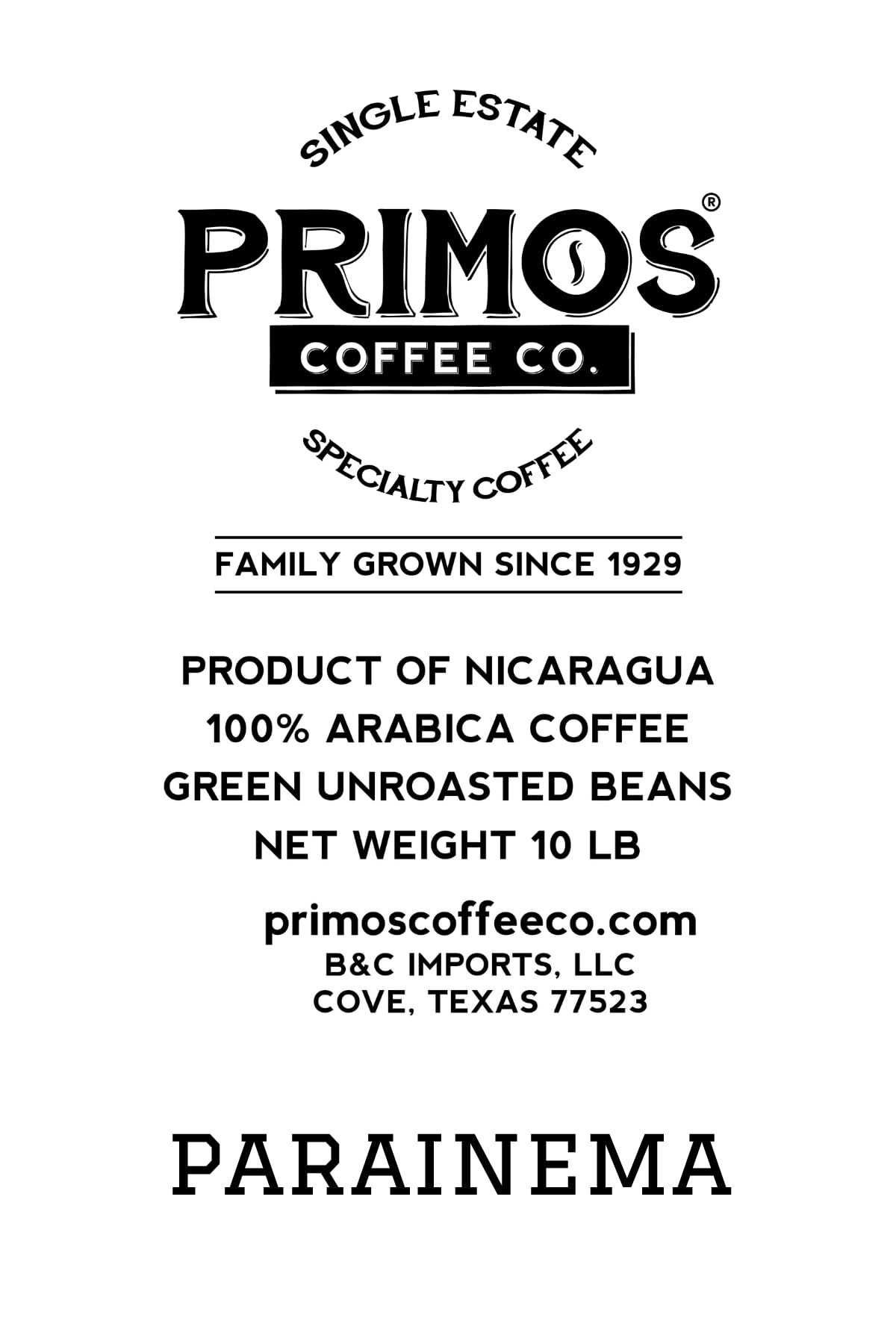 Primos Coffee Co. Unroasted Green Coffee Beans, Specialty Grade, Single Origin, 10 Lb, Nicaraguan Estate, Parainema Varietal