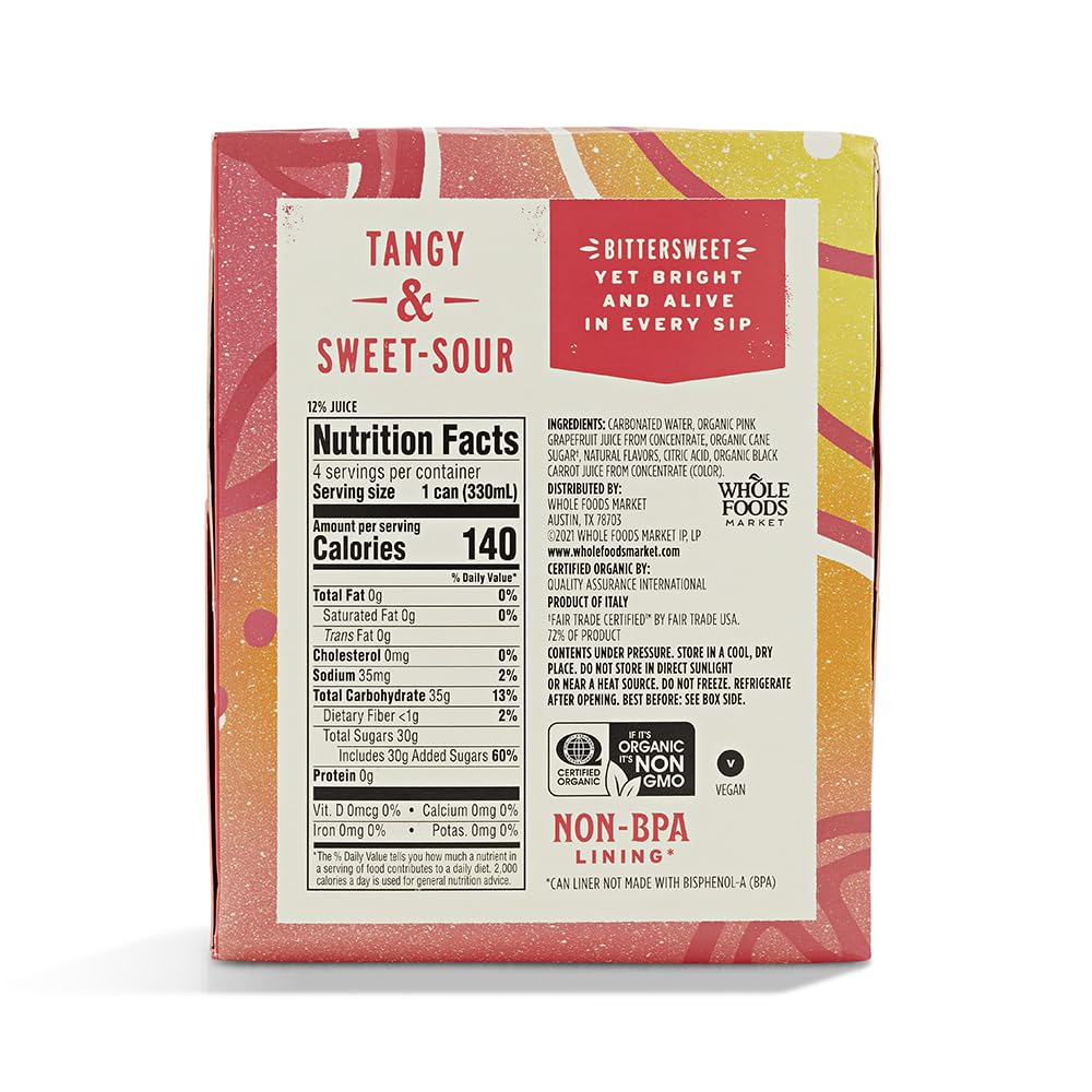 Whole Foods Market Organic Italian Soda, Pink Grapefruit, 11.2 Fl Oz, 4 Pack - Refreshing Beverage for a Healthy Lifestyle
