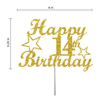 RokAPary 14th Birthday Cake Topper Gold Glitter, Premium Acrylic, Sturdy Double-Sided, Model RCT217