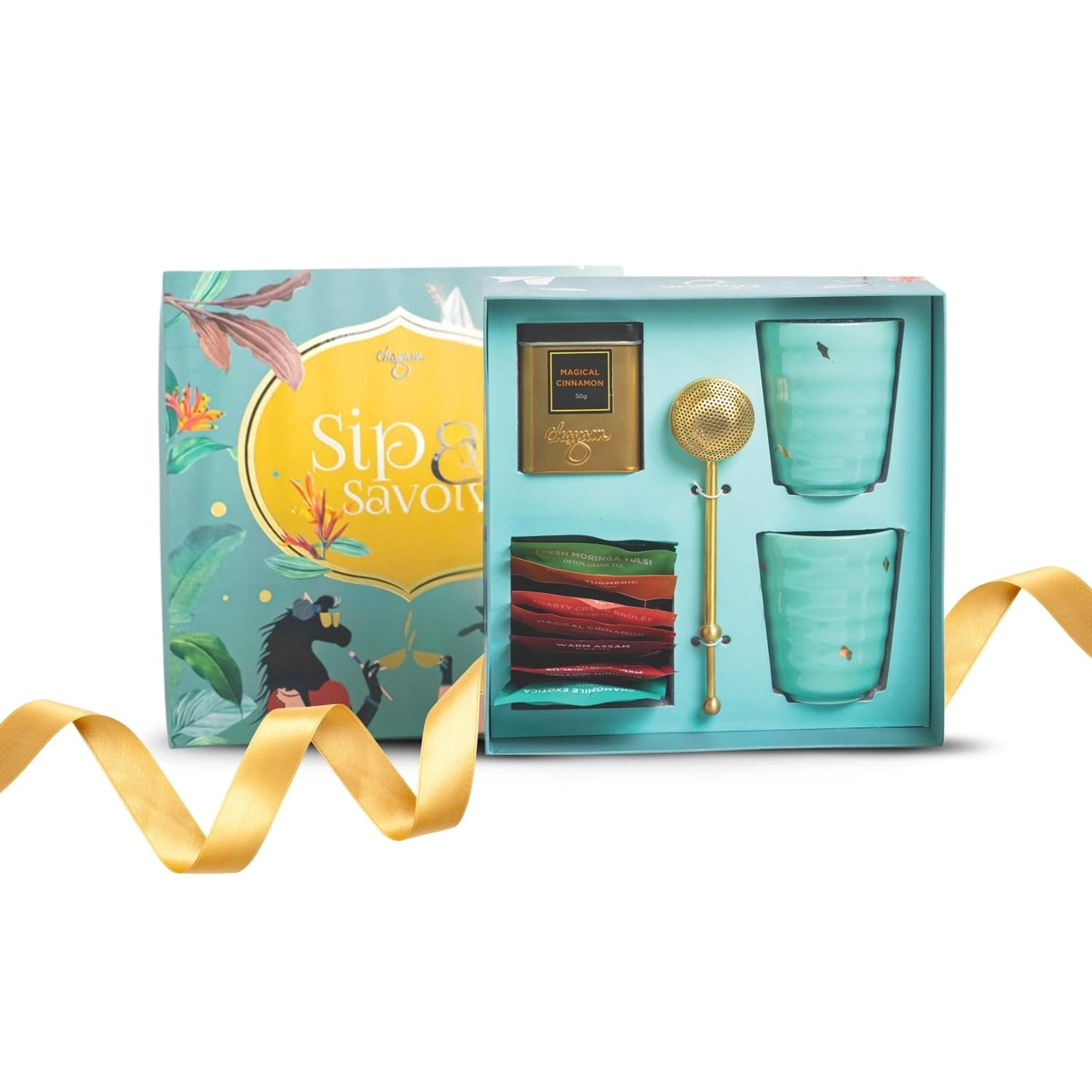 Chayam Stylish Tea Gift Set |10 Assorted Tea Bags Magical Cinnamon 50G 2 Cups & Brass Strainer | Assorted Gift Box Hamper