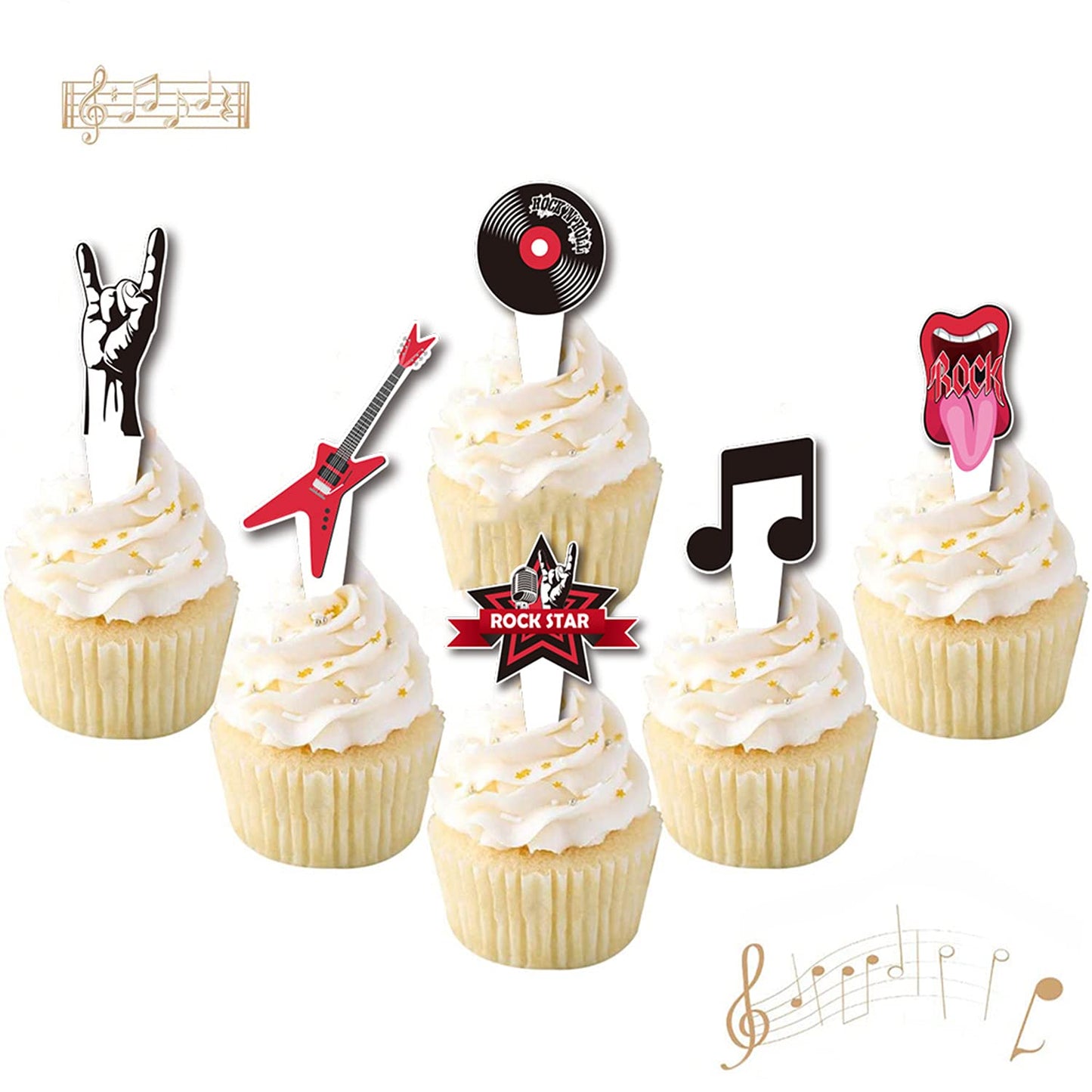 Rock And Roll Cupcake Topper Musical Themed Guitar Cake Topper Guitar Note Rock Music Elements Rock Party Decorations For 80S Retro Themed Music Party Supplies(24Pcs)