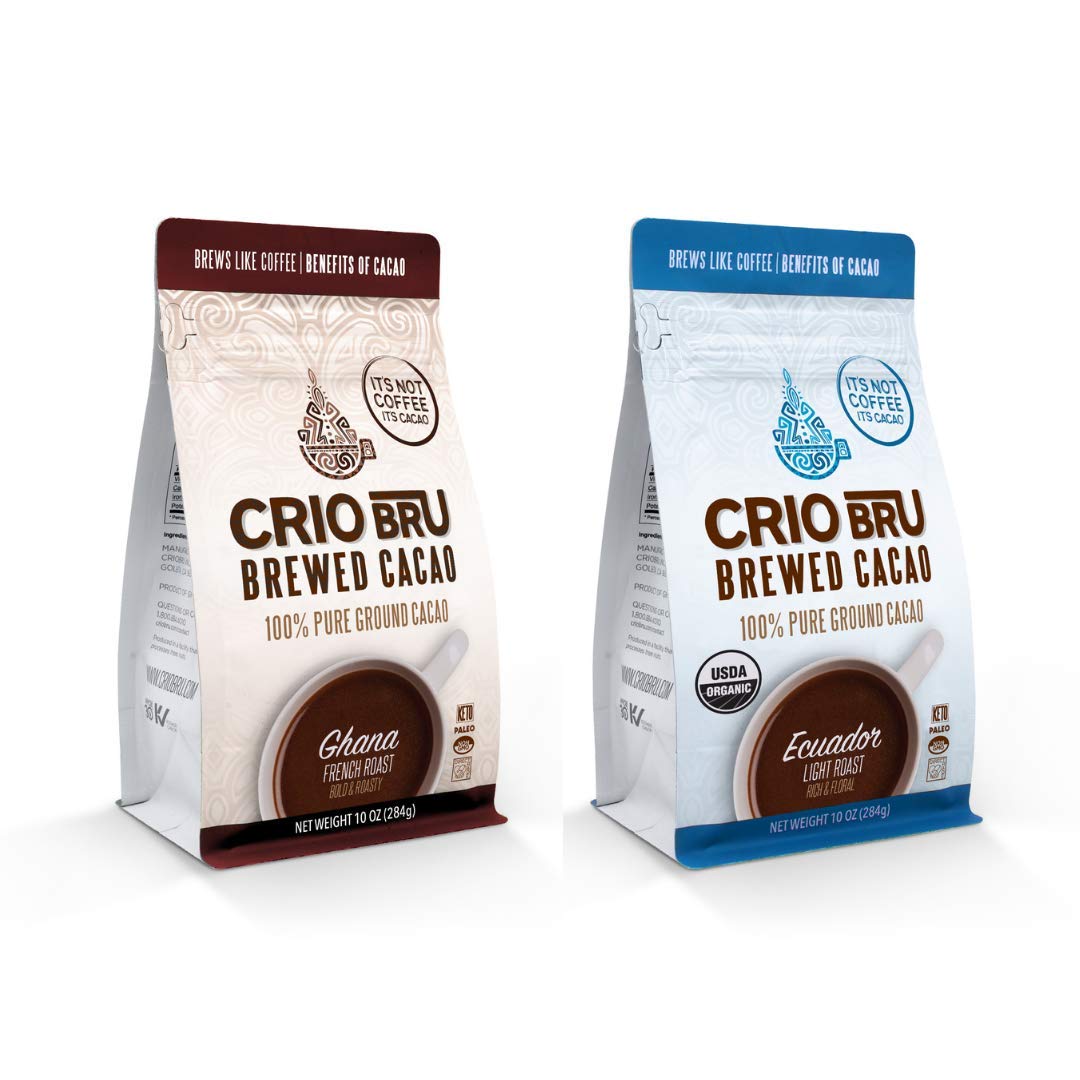 Crio Bru Variety Pack Organic Herbal Tea Coffee Alternative Substitute 99% Energy Blend Free Whole-30 Gluten Free Honest Low Calorie Energy Boost 10 Oz Ghana French + Ecuador | Brew And Enjoy Hot Or Iced (2 Pack)
