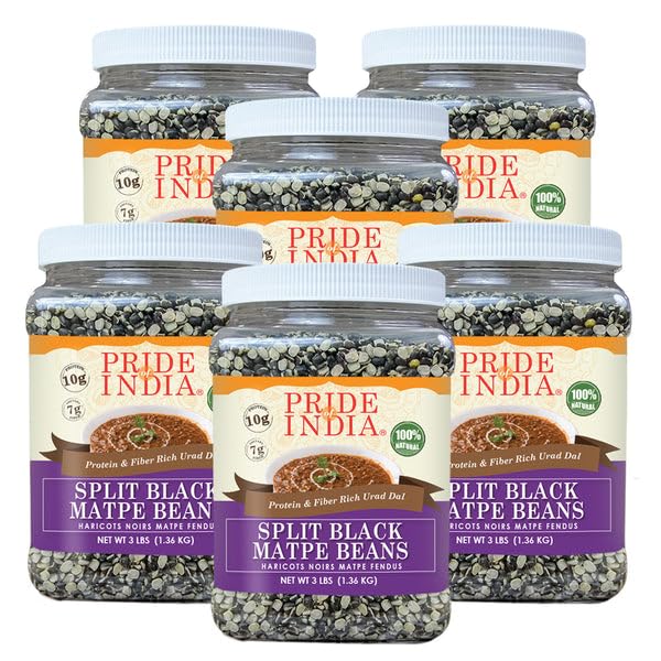 Pride Of India - PACK of 6 - Indian Split Black Gram Matpe Beans - Protein & Fiber Rich Urad Dal, 3 Pound Jar