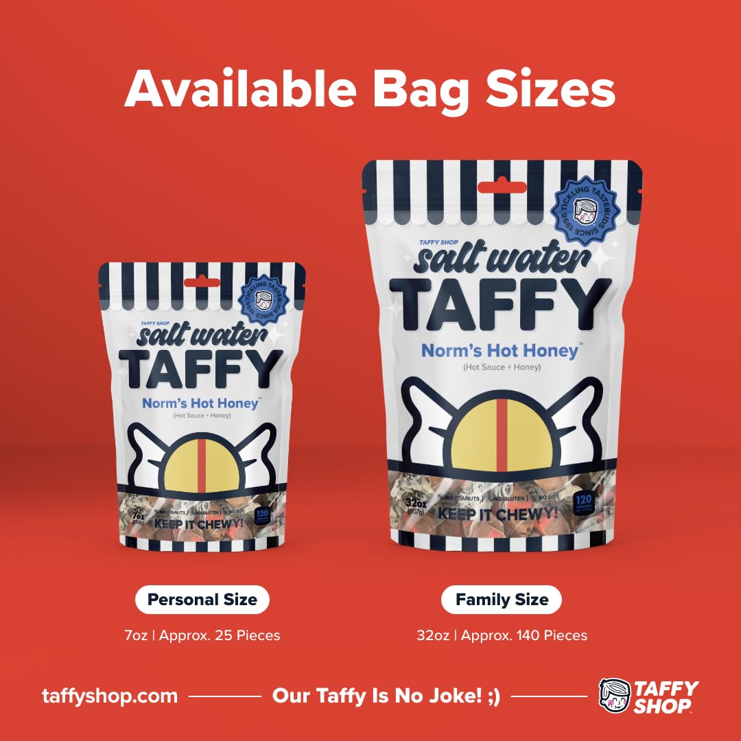 Taffy Shop Norms Hot Honey, Hot Sauce Honey Salt Water Taffy - Gourmet Soft Chewy Candy, Bulk Sweet Snack, Fresh Gift & Gluten-