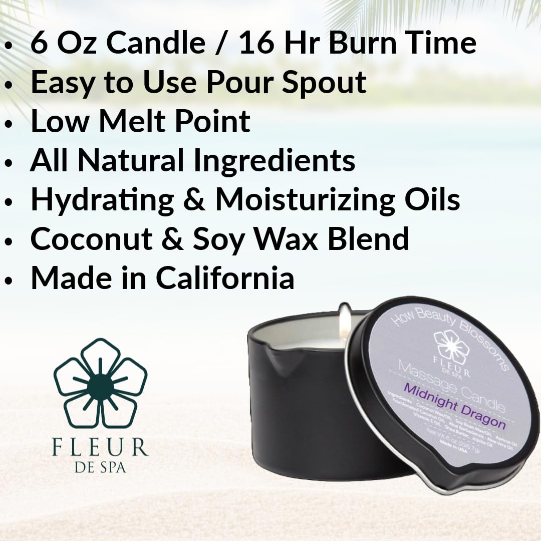 Massage Oil Candle By Fleur De Spa - All Natural - 6Oz With Pour Spout Made In Usa (Midnight Dragon)