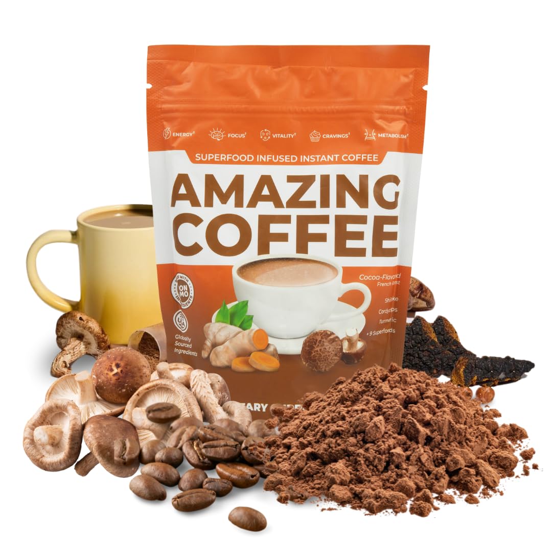 Superfoods Company |Amazing Coffee - Instant French Roast | Adaptogenic Mushrooms Superfoods Infused - Energy Focus Digestion Immunity - 30 Servings - Cocoa Flavor