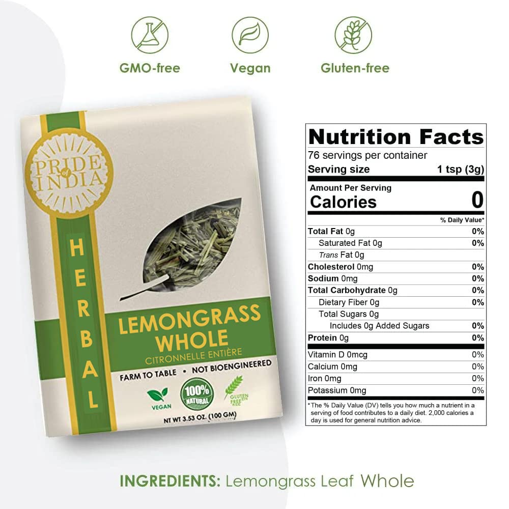 Pride Of India - Natural Dry Indian Lemongrass Herb 353Oz (100Gm) Full Leaf - Certified And Authentic Indian Herb - Perfect For