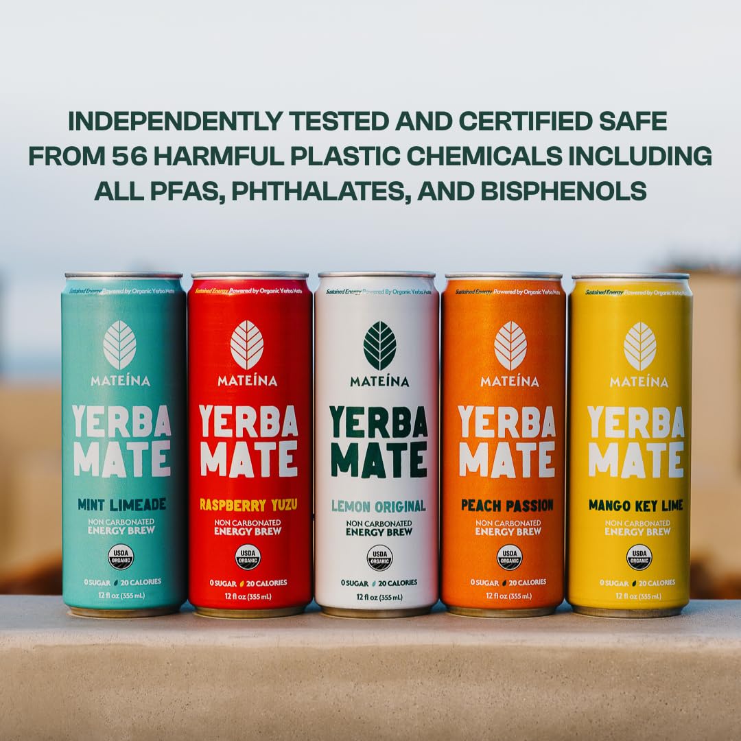 Mateina Yerba Mate Zero Sugar Energy Drink - 120mg Natural Caffeine - Organic Non-GMO Non-Carbonated - Dr. Andrew Huberman Recommended - 12 Pack (12oz Cans) (12 Pack Peach Passion)