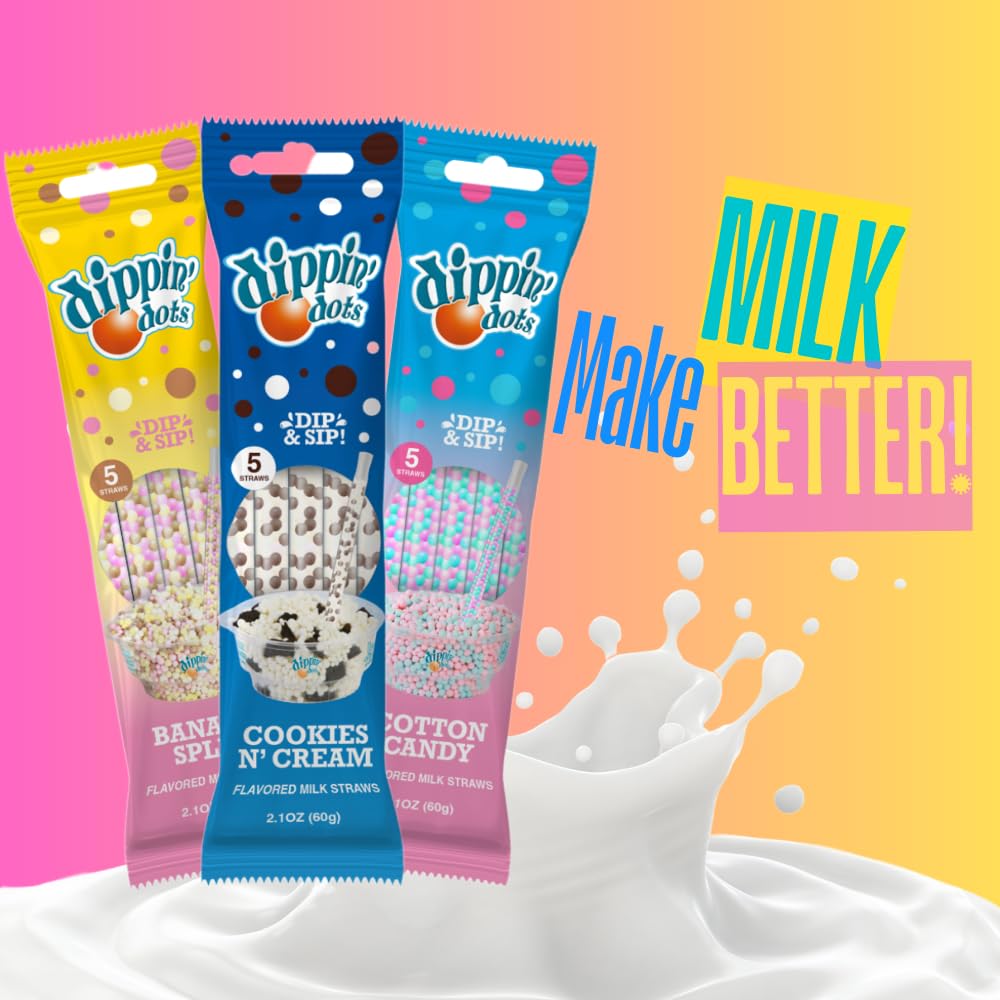 Dippin Dots Magically Flavored Milk Straws, Cotton Candy, Cookies n Cream, and Banana Split, 6-Pack Party Bundle (30 Straws) |
