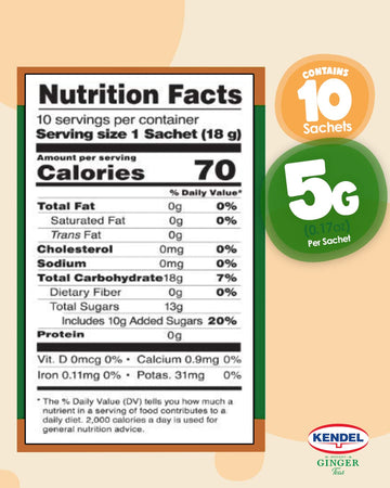 Kendel Instant Ginger Drink With Sugar, Made From Real Ginger Crushed Into Fine Powder, Contains Cane Sugar, May Aid Digestion, Can Be Enjoyed Hot Or Cold, Caffeine Free (10 Sachets Per Box)
