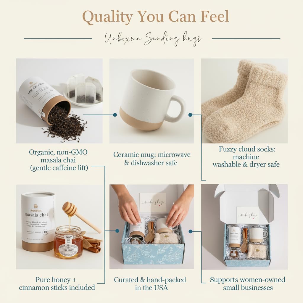 Unboxme Sending Hugs Comforting Gift Basket for Women - Soothing Self Care Box with Fluffy Socks, Ceramic Mug, Chai Tea, Honey &