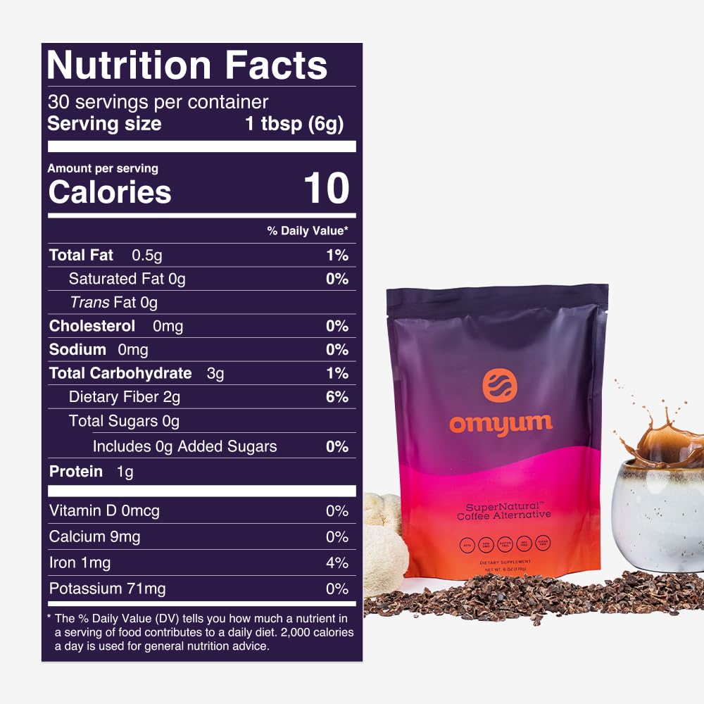 Omyum Supernatural Coffee Alternative (30 Servings) - Organic Superfood Adaptogen Mushroom Blend With Cacao, Lions Mane, Reishi,
