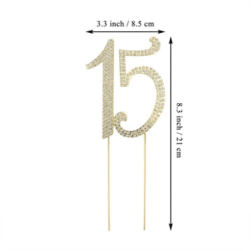 Janou 15 Cake Topper Number 15 Crystal Rhinestones 15Th Cake Decoration For Birthday Anniversary Party Decoratio (Gold)