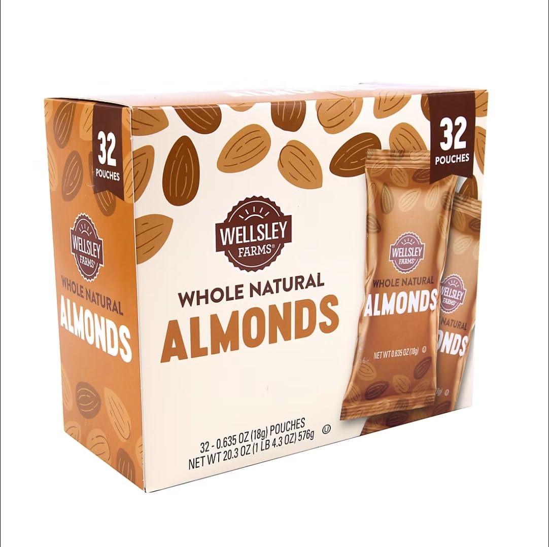 Wellsley Farms 100 Calorie Almond Snack Packs, Gluten-Free, Kosher, Non-Gmo, 32-Count Convenient Single-Serve Packs. No Salt.