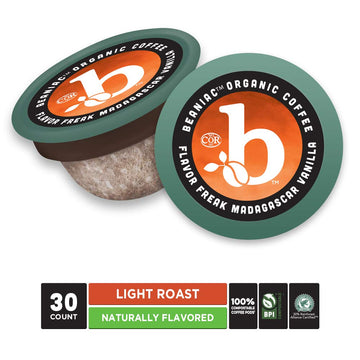 Beaniac Flavor Freak Madagascar Vanilla, Flavored Light Roast, Single Serve Compostable K Cup Coffee Pods, Organic Arabica Coffe