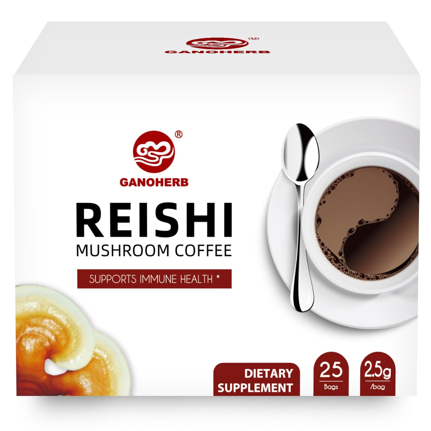 Ganoherb Reishi Mushroom Coffee Mix, Organic Instant Ganoderma Cafe With 100% Natural Ganoderma Lucidum Lingzhi Black Coffee For Stress Relief Better Focus Immune Support, Mix Flavor No Sugar 25 Bag