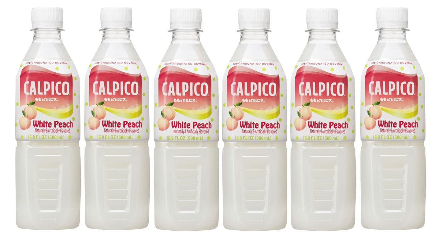 Calpico White Peach, Non-Carbonated Drink, Japanese Beverage Contains Peach Juice Concentrate, Sweet And Tangy Asian Drink, 16.9 Fl Oz. (Pack Of 6)