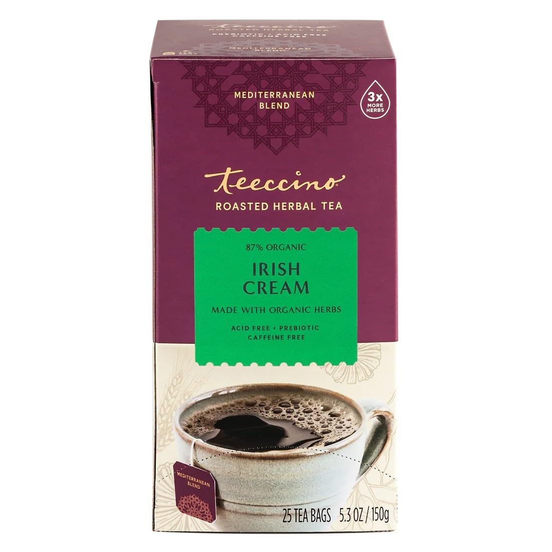 Teeccino Irish Cream Herbal Tea, Caffeine-Free & Prebiotic, 25 Tea Bags