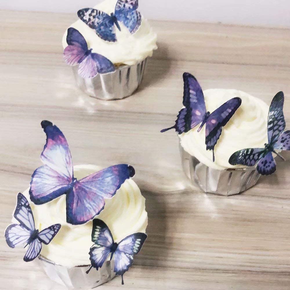 CHOCKACAKE 36pcs Edible Butterfly Cupcake Toppers Wafer Paper Decorations Purple