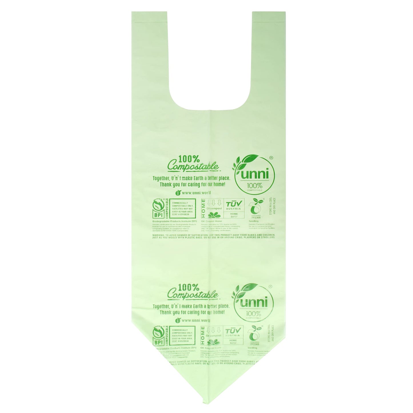 UNNI Compostable T-Shirt Bags, 2.6 Gallon, 100 Count, Certified ASTM D6400, Eco-Friendly Small Kitchen Food Scrap Waste Bags