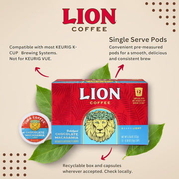 Lion Coffee Chocolate Macadamia Flavored Medium Roast Coffee Pods - Single-Serve Pods - Hawaiian Inspired Flavor - Arabica Coffe