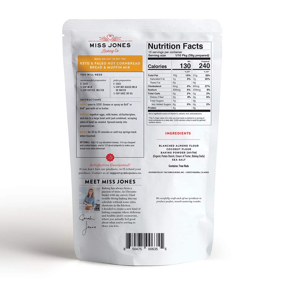 Miss Jones Baking Not Cornbread Muffin Mix - Almond Flour, Gluten Free, Low Carb, No Sugar Added, Naturally Sweetened Desserts &
