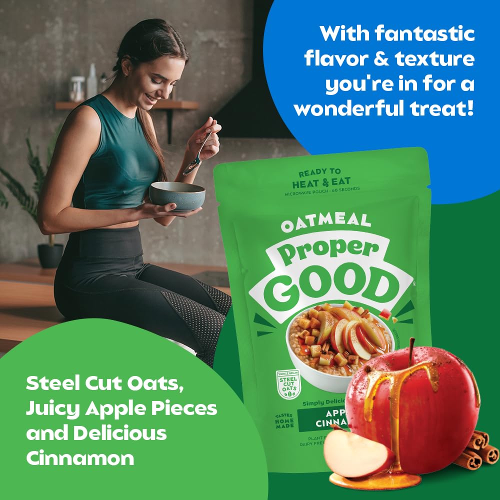 Proper Good Apple Cinnamon Oatmeal - Ready in 60 Seconds for a Quick & Easy Breakfast - Steel Cut Oats with Chia & Flax - High F